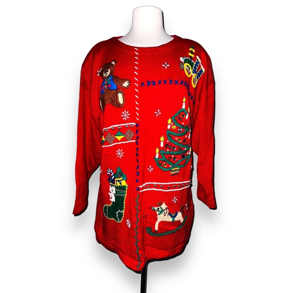 Ugly Christmas Sweater PM Victoria Jones Womens 1X Plus Red Tree Train Bear‎ N9